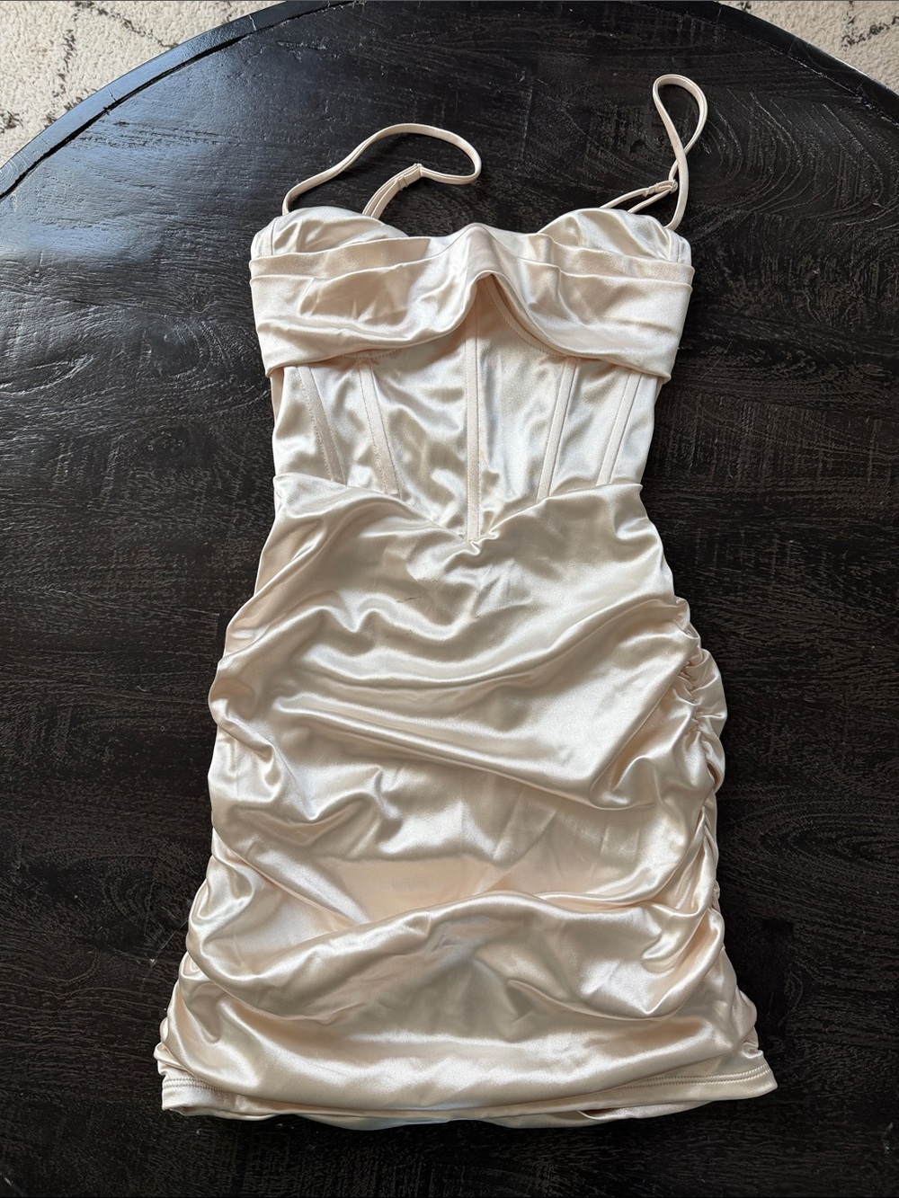 Lucy in the Sky Satin Ruched Mini Dress in Cream